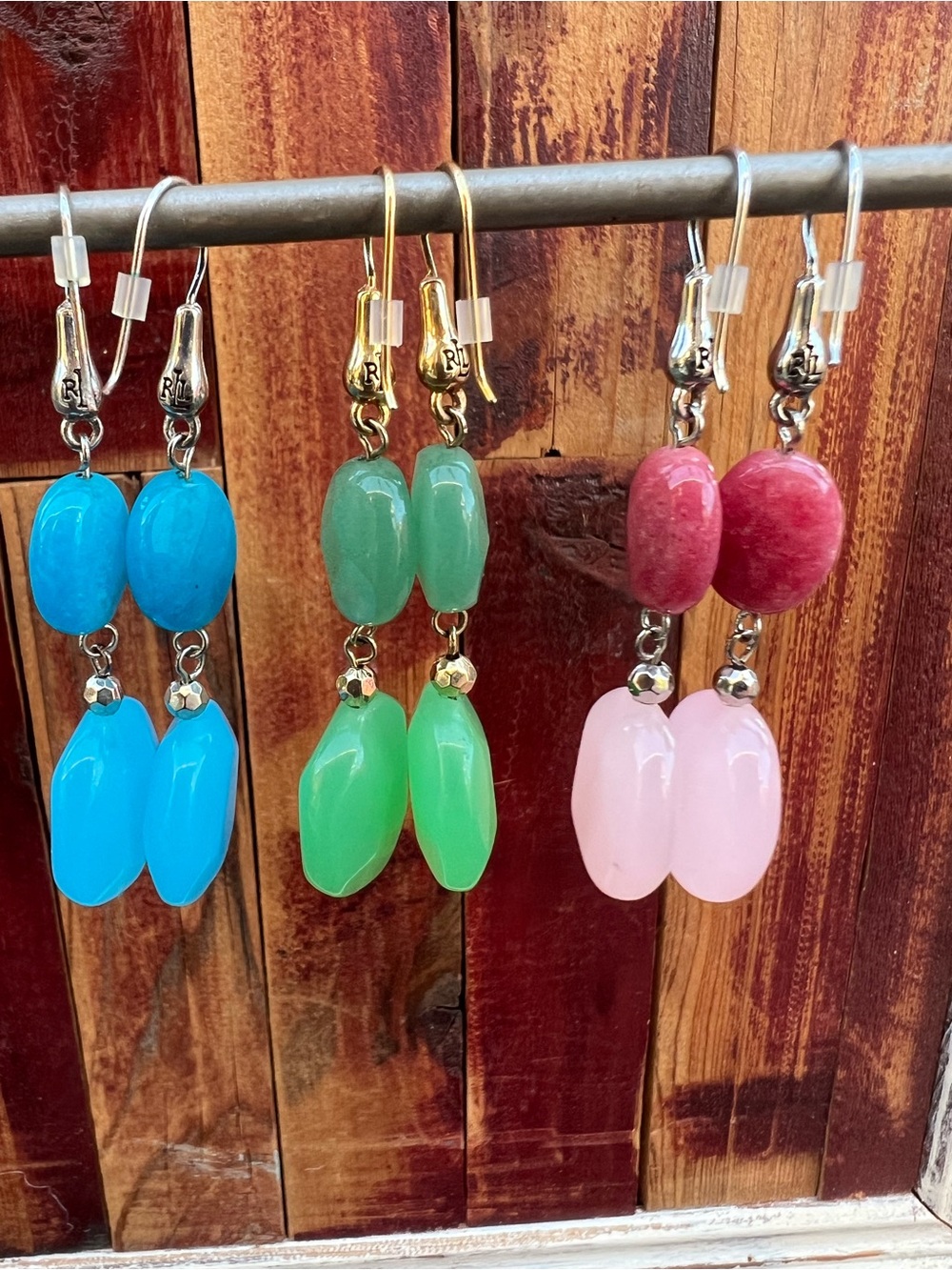 Ralph Lauren (LRL) dangle earring, 3 pair Aqua, Jade, Pink